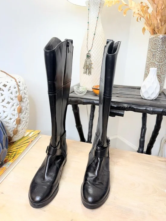 Bandolino Black Knee High Riding Boots Womens 6 Leather Buckle Zip Classic - Picture 2 of 7